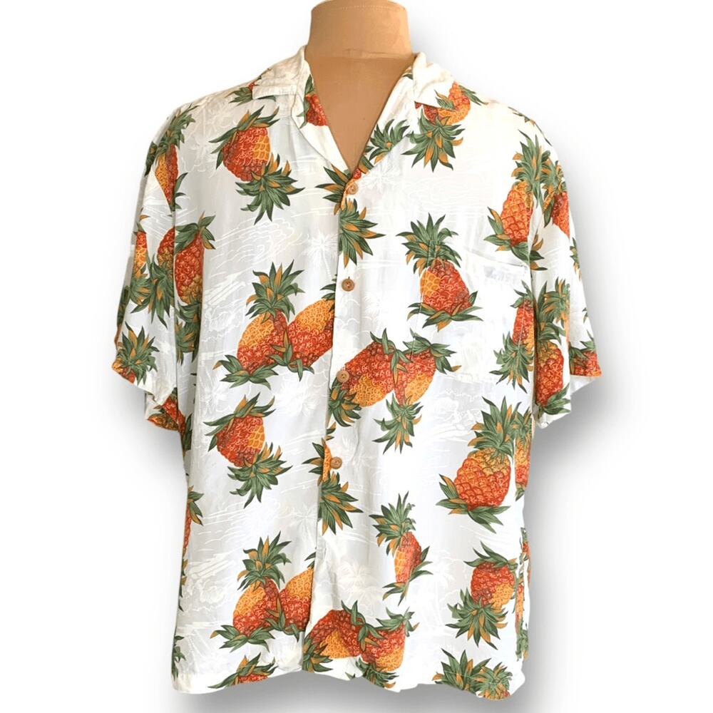 90s Paradise Found Hawaiian Pineapple Print Rayon Boxy Camp Collar Shirt Large